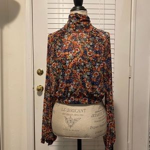 Free People crop top Floral lace turtleneck sheer mesh stretch fabric
